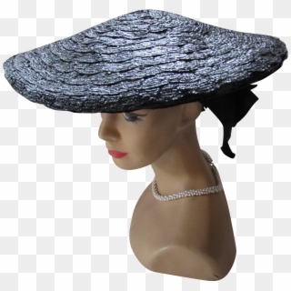 Shiny Black Pancake Hat In Straw Weave With Black Ribbon - Silver Clipart