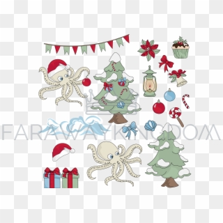 Christmas Octopus Underwater Cartoon Vector Illustration - Illustration Clipart