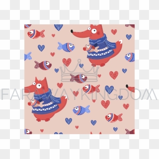 Fish Fox Valentine's Day Seamless Pattern - Cartoon Clipart