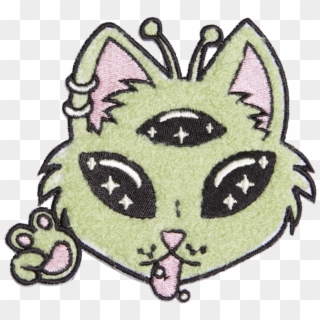 Green Alien Cat With Three Eyes Chenille Patch - Squitten Clipart