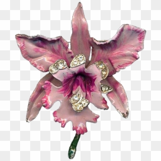 Vintage 1940s Pink Orchid Enamel Rhinestone Pin Brooch - Artificial Flower Clipart