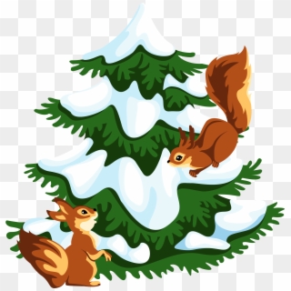 Transparent Snowy Tree With Squirrels Png Clipart - Cartoon Squirrel And Trees