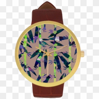 Bamboo Leaves Women's Golden Leather Strap Watch - Emblem Clipart