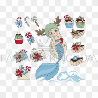 Mermaid Sweet Set Merry Christmas Vector Illustration - Cartoon Clipart