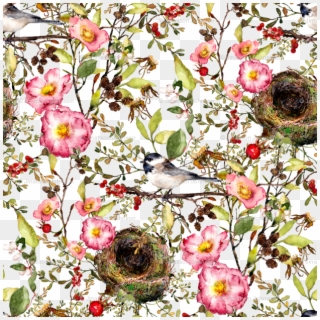 Chickadee With Nest Watercolor On White Fabric - Rose Clipart