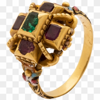 Baroque Enameled Ring Set With Rubies And An Emerald - Ruby Clipart