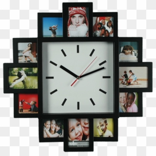 Plastic Wall Clock With 12 Photo Frames - Wall Clock Family Photo Frame Clipart