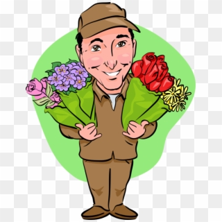 Vector Illustration Of Florist Delivery Man Delivers - Cartoon Flower Delivery Clipart