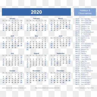 2020 Calendar Transparent Background - Free Printable 2020 Calendar With Holidays Clipart