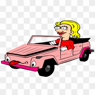 Cabriolet Cartoon Blond Woman Tongue Pink - Cartoon Person In Car Clipart