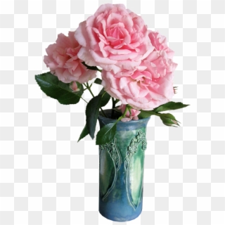 Roses Pink Green Vase Flowers - Jarron Con Flores Png Clipart