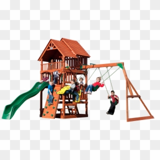 The Highlander Play Set Features A Rock Wall, Slide, - Cedar Play Set With Slide Clipart