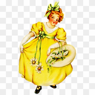 Vintage Girl Yellow Retro Flower Girl Dress Clipart