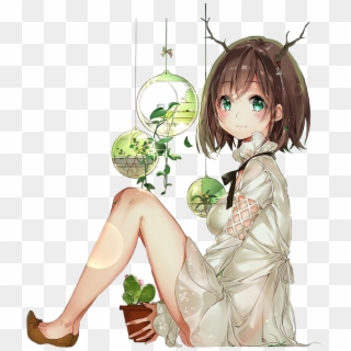 #anime #animegirl #plants #antlers - Anime Girl Sitting Render Clipart