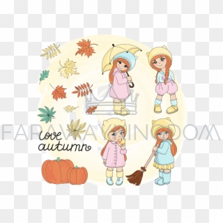 Autumn Girls Season Vector Illustration Set - Cartoon Clipart