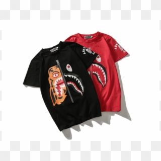 Popular Logo Tiger Head Shark Head Joint T-shirt Black - Bape Tiger Hoodie Clipart
