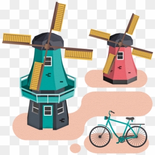 Dutch Icons Cartoon Background, City Illustration, - Windmill Amsterdam Illustration Clipart