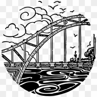 Bridge, River, Black And White, Rails, Birds, Clouds - Black And White Line Art Bridge Clipart - Png Download