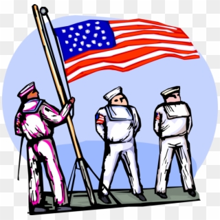 Vector Illustration Of American Naval Sailors Raise - Cartoon Clipart
