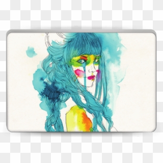 Girl In Blue Skin Laptop - Watercolour And Line Drawing Clipart