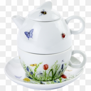 Picture Of Teapot With Cup Flowers And Butterflies - Teapot Clipart