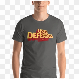 User Defenders Podcast Logo Tee Model Charcoal - Modeling T Shirt Png Clipart
